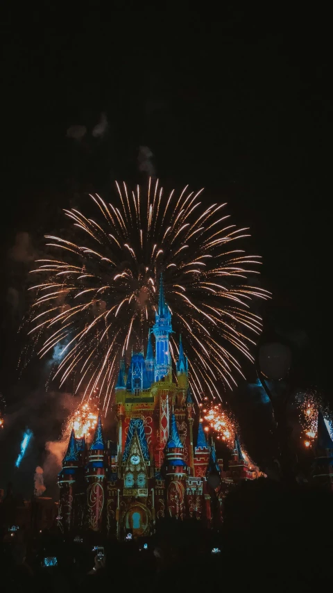 an elaborate nighttime fireworks display in front of the castle