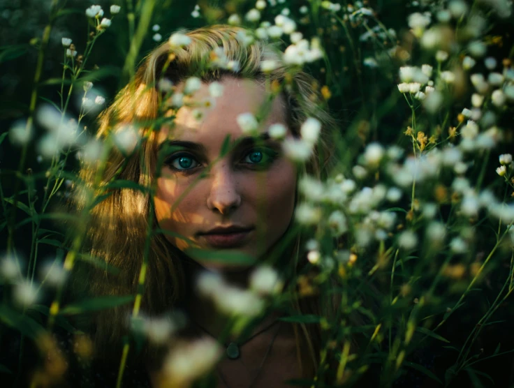 a woman in a field of flowers with a sad expression