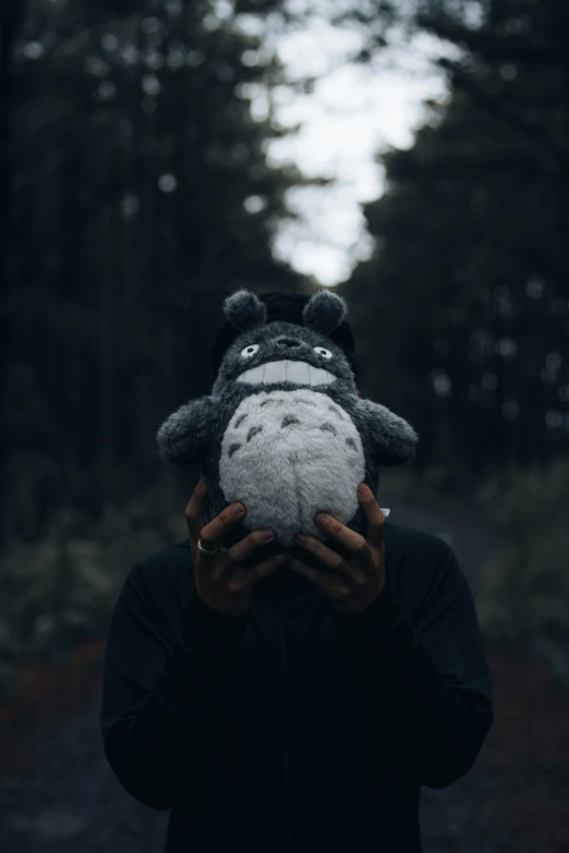 a man holds a stuffed animal over his face