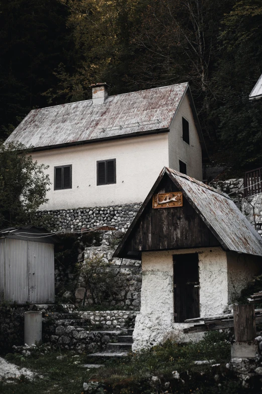 a house sitting by a forest with steps to it