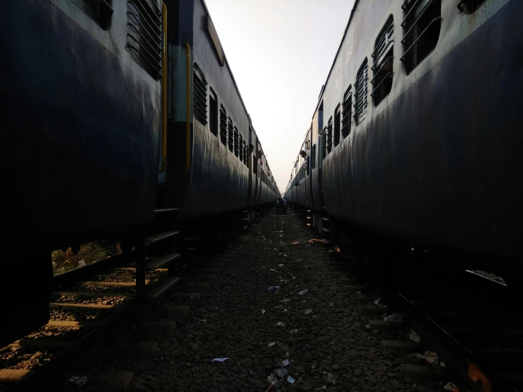 several parked train cars near each other