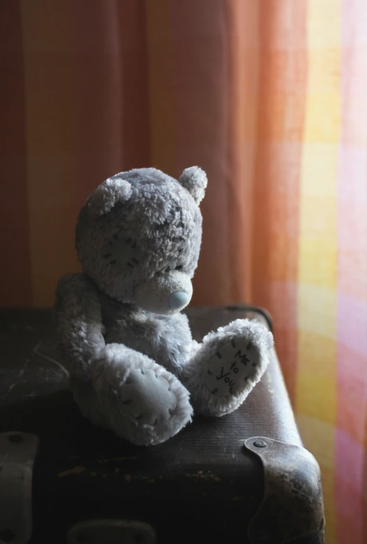 small teddy bear sitting on a suitcase in front of a curtain