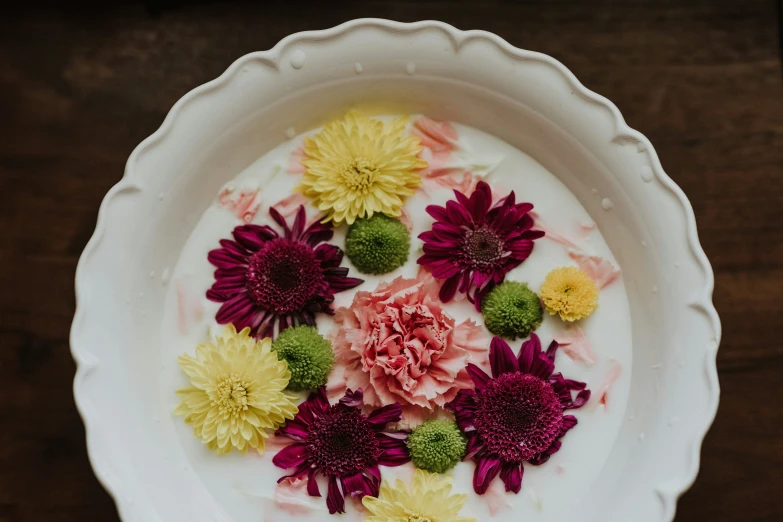 small flowers in water displayed in bowl on table