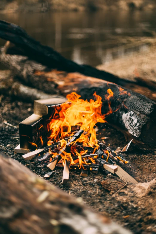 a wood bonfire with fire in it