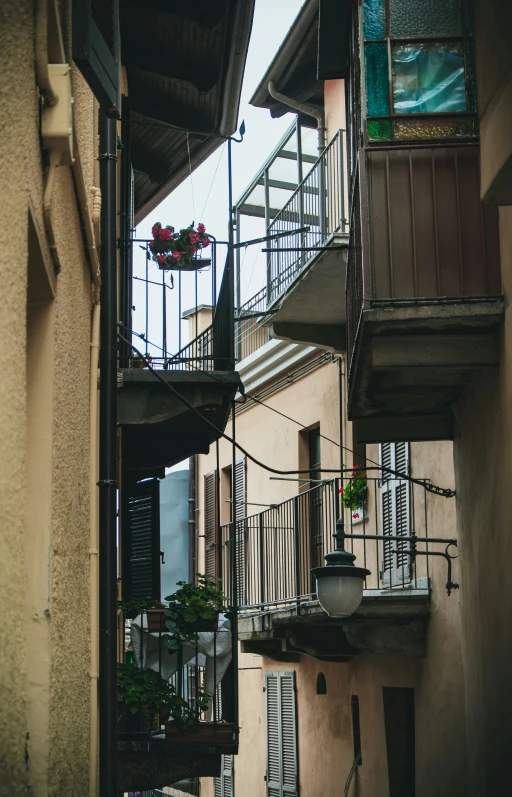 the staircase in front of an apartment building with flowers on it