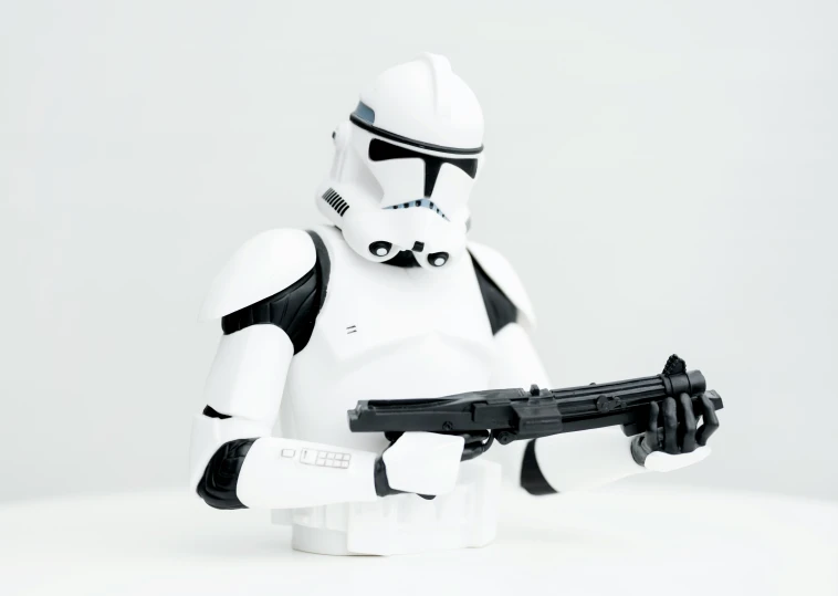 storm trooper holding a rifle and aiming in the air