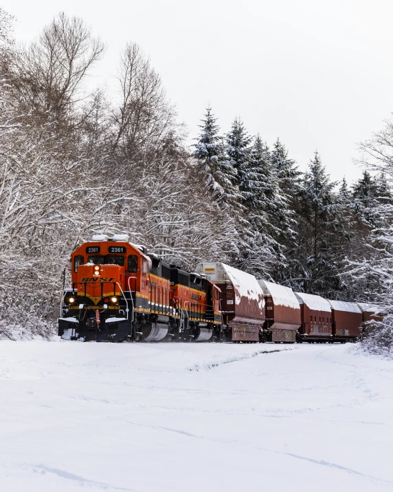 a freight train moves along the snow - covered track