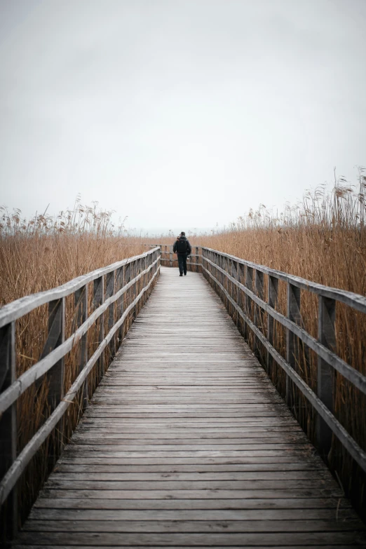 a man stands at the end of a bridge over water