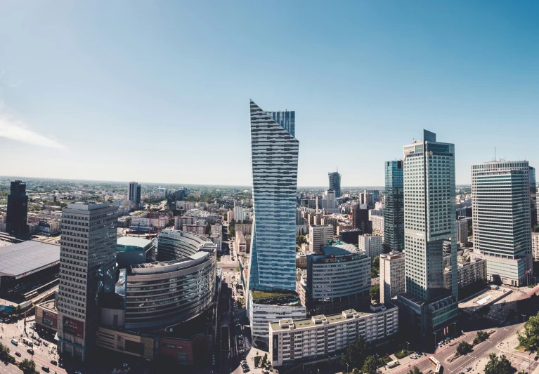 an aerial view of some buildings in a city