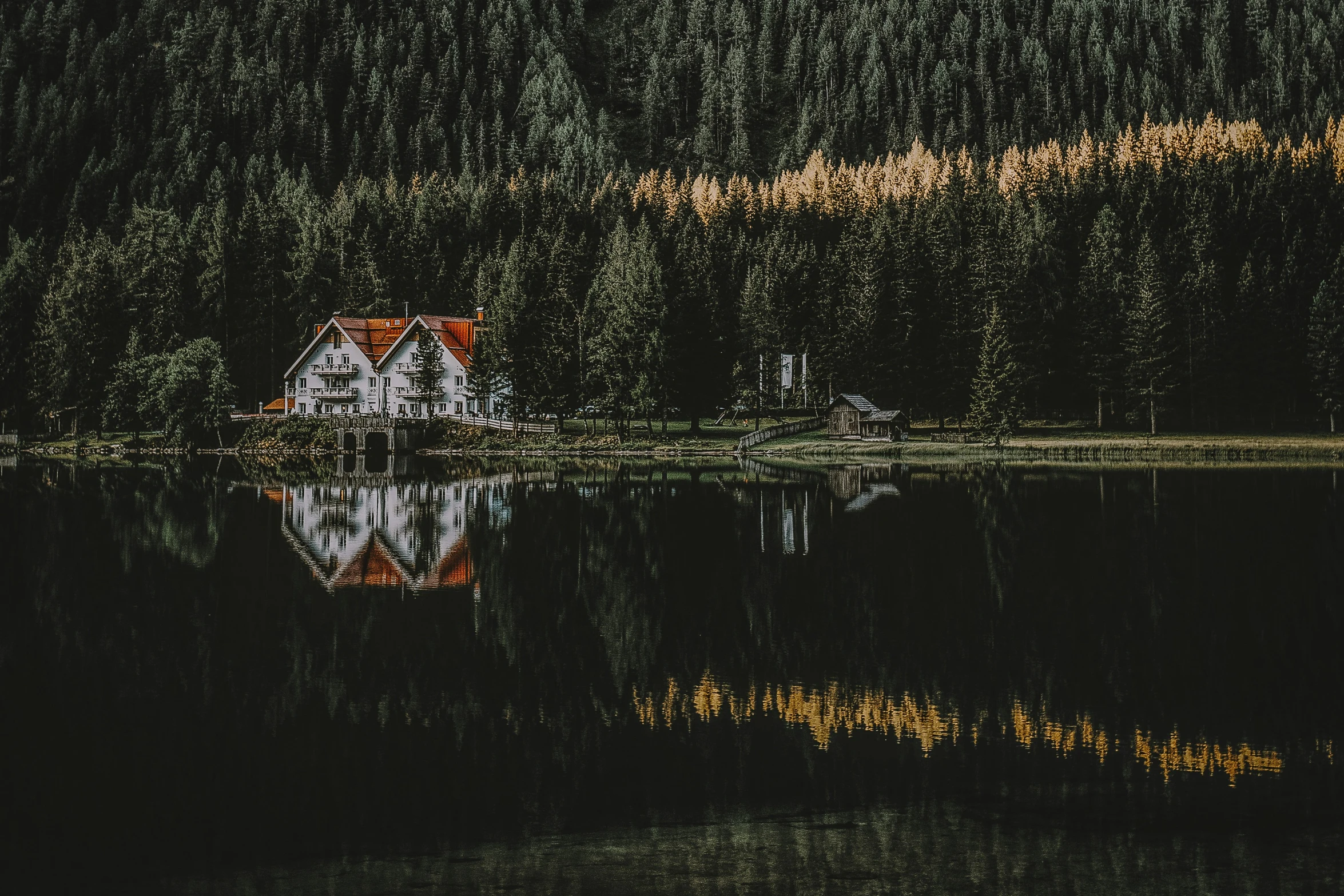 a lake with trees and a small house