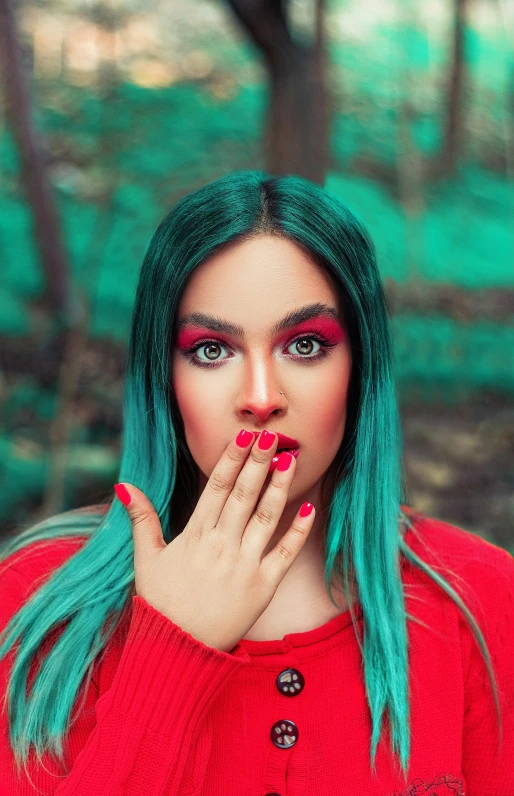 an image of a young woman with green hair looking surprised