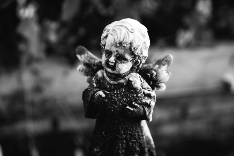 black and white pograph of angel statue holding teddy bear