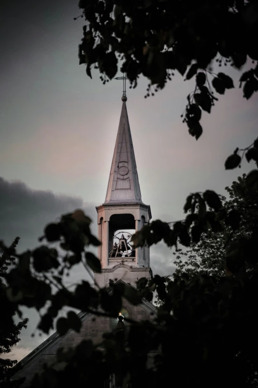 view of bell tower seen through trees from outside