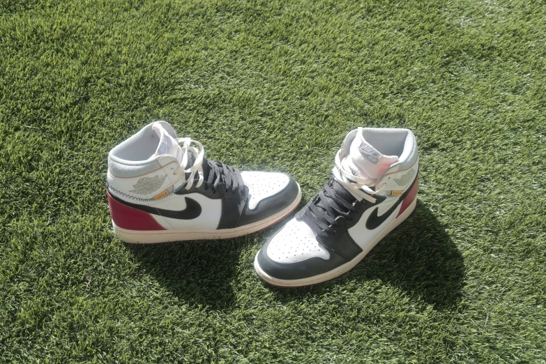 shoes sitting on top of a field of green grass