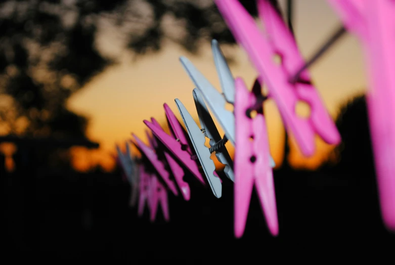 pink and blue clothes pins hung out in the sunset