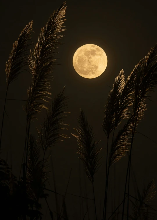 a full moon is shown with some tall grasses