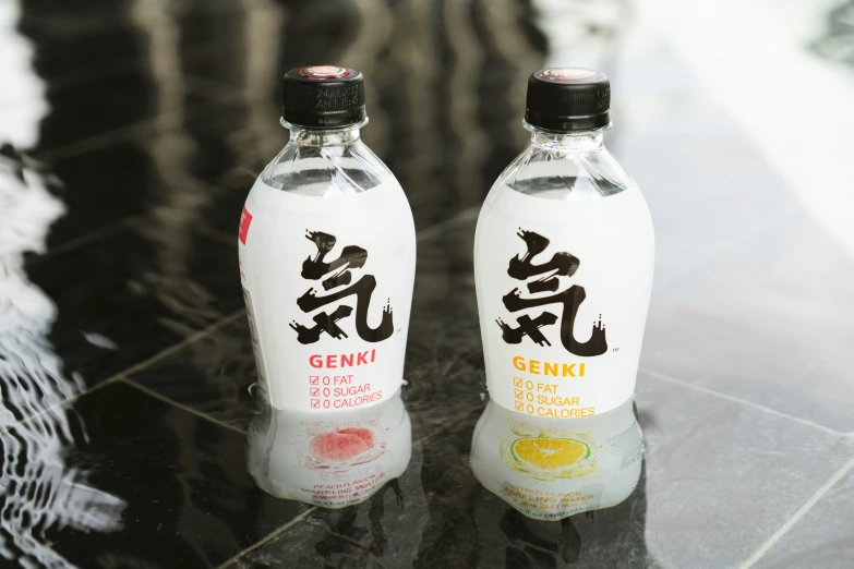 two chinese sake bottles on black tile and one containing germ