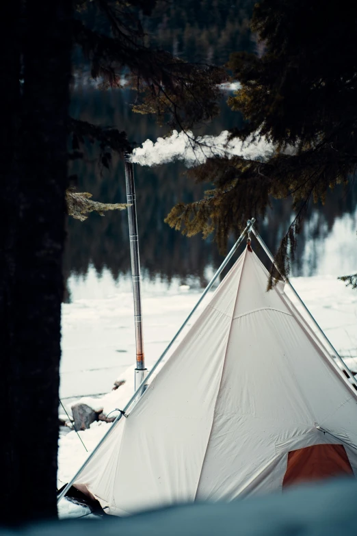 a tent pitched up near trees on snowy ground