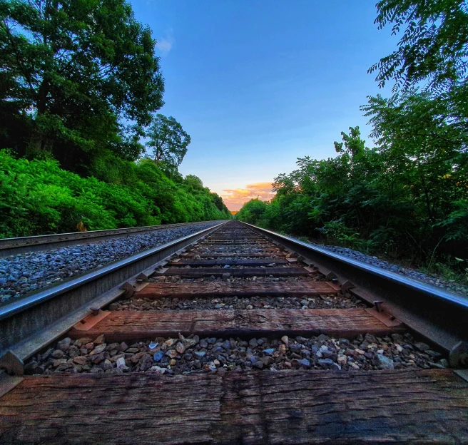 an old railway line with trees and a sky background