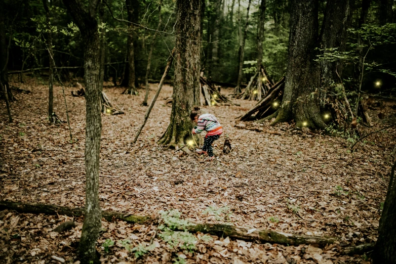 a little boy with a large umbrella in the woods