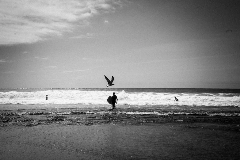 black and white po of people walking in the surf