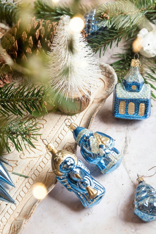 christmas decorations on display on a table