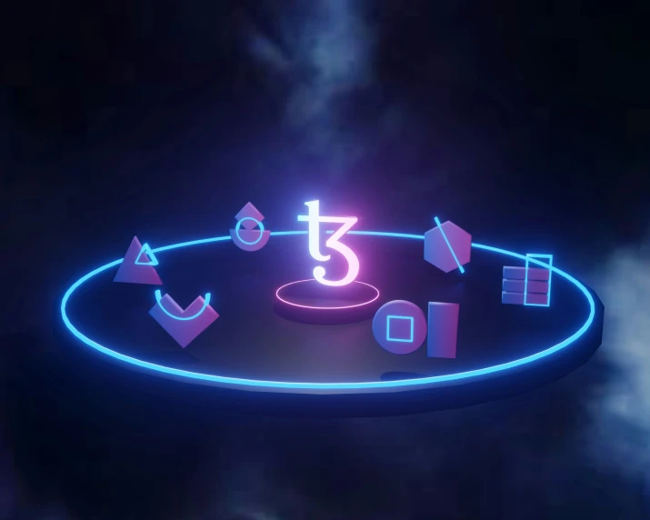 a blue neon clock is shown as clouds form around