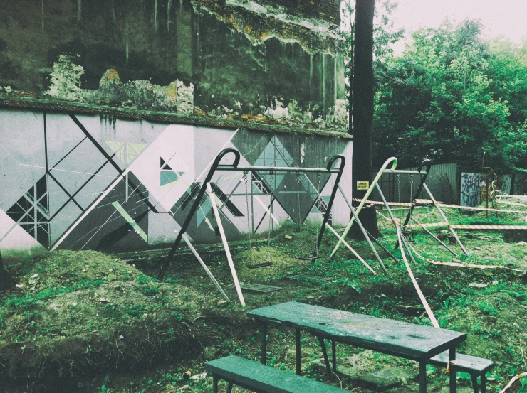 the outdoor bench was decorated with geometric shapes