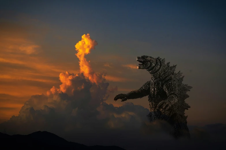 an godzilla standing in front of a lava cloud