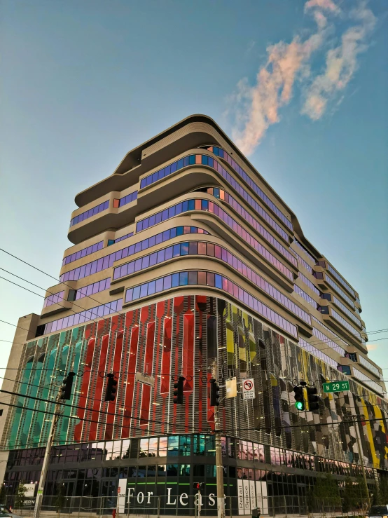 colorful architecture in the foreground with traffic lights on