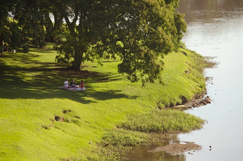 two people sitting on the bank by the lake