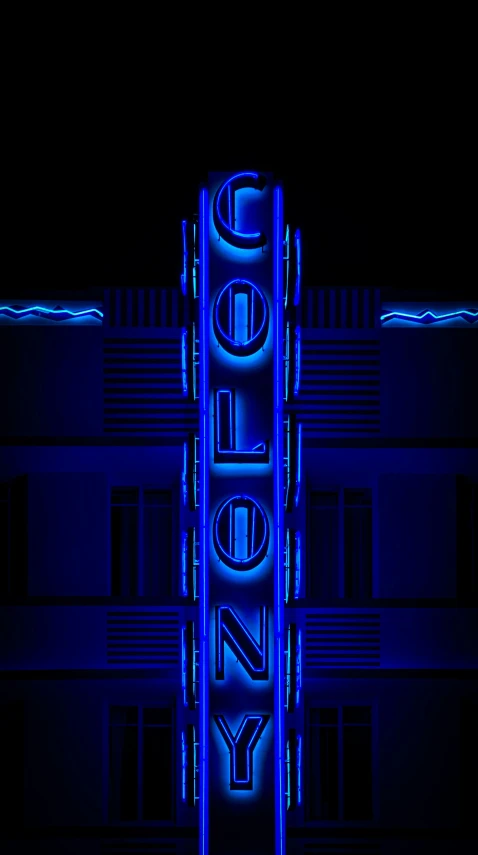 an art deco sign for a casino, illuminated in blue