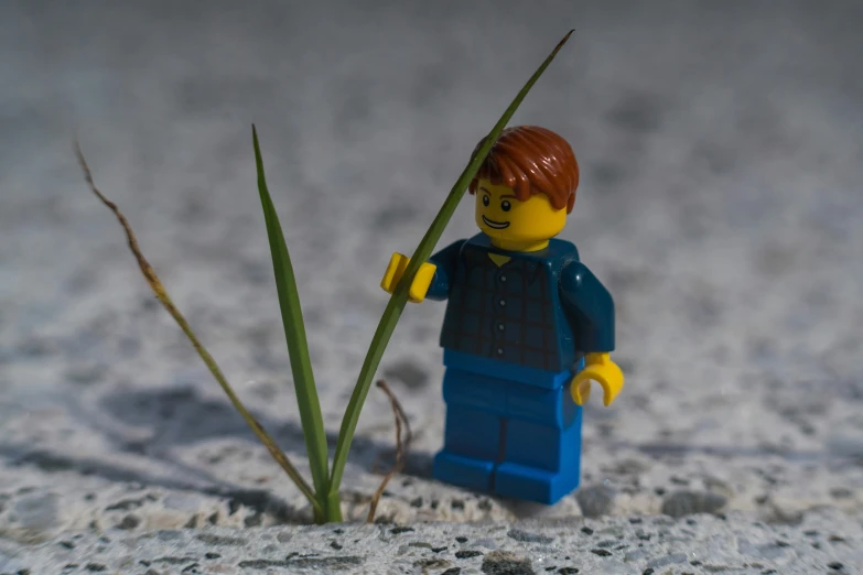 a toy figure is standing on a beach near a plant