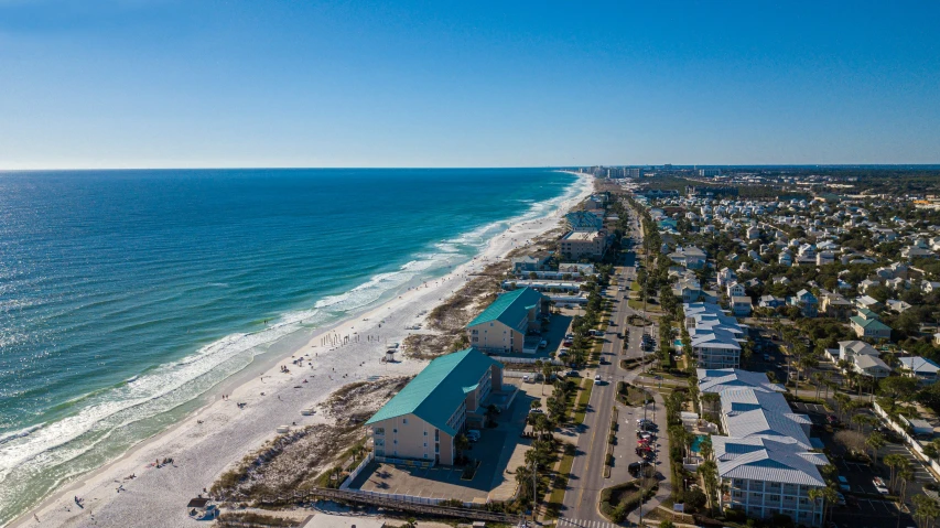 the beach front is lined with houses and umbrellas