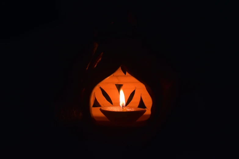 a lit candle in a halloween pumpkin with the shape of a plant