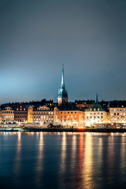 city by the water during evening time with skyline in background