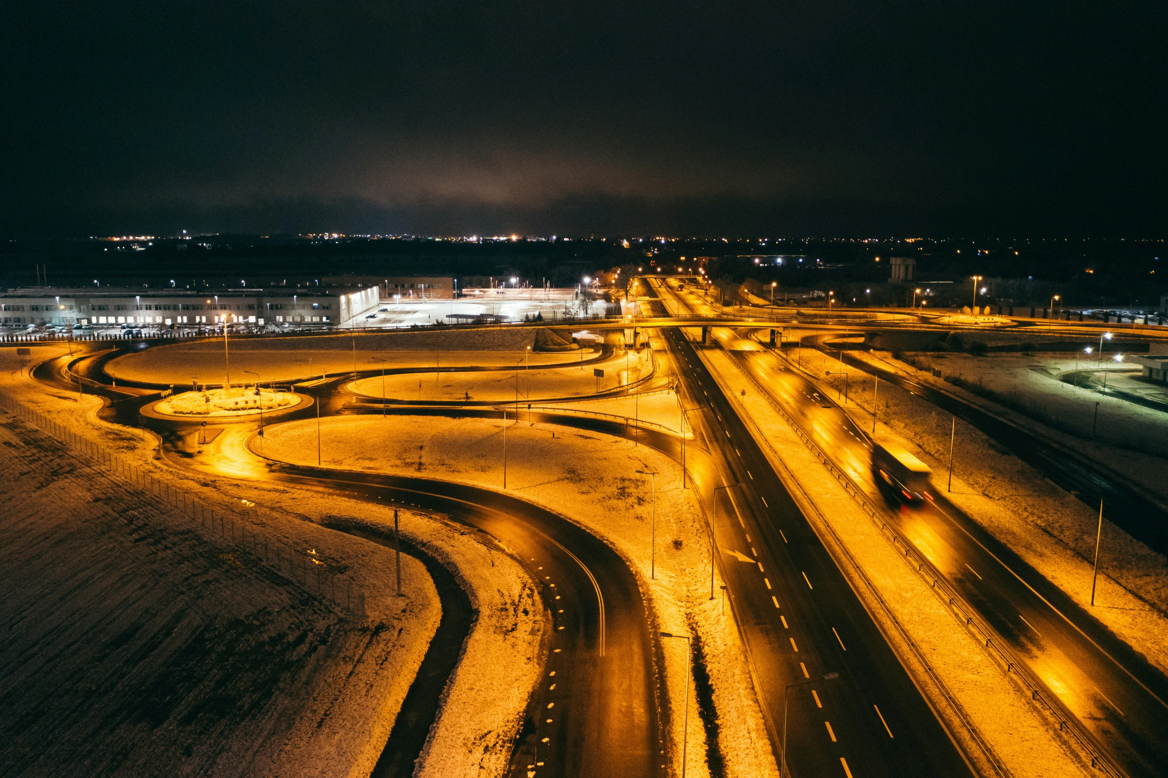 there are very large roads that are lit up in the night