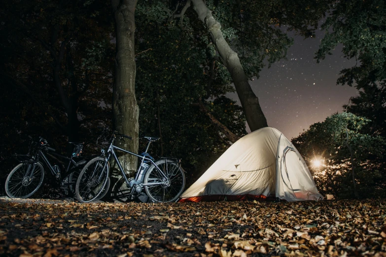 three bicycles are parked beside a tent in the woods