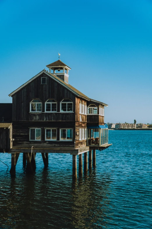 a house is out on the water on the dock