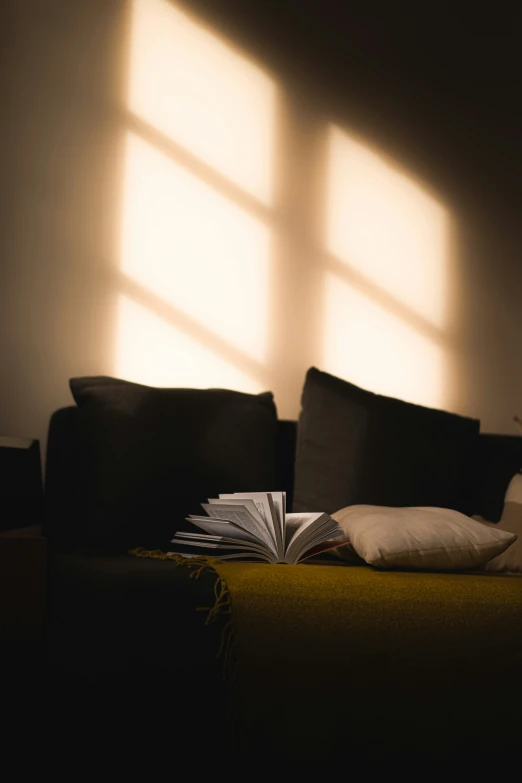 a lit room shows an open book and pillows