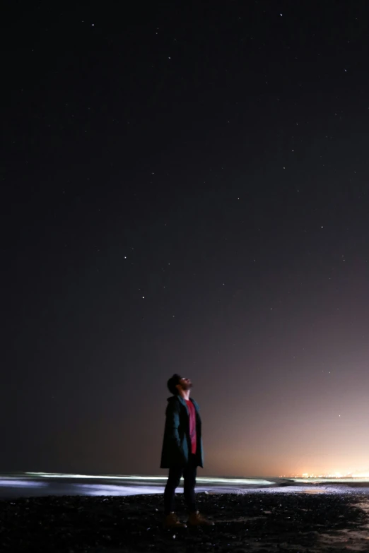 a man in coat standing on a dark beach