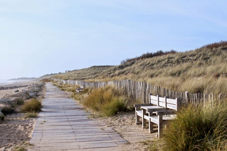 there is a wooden trail leading to the beach