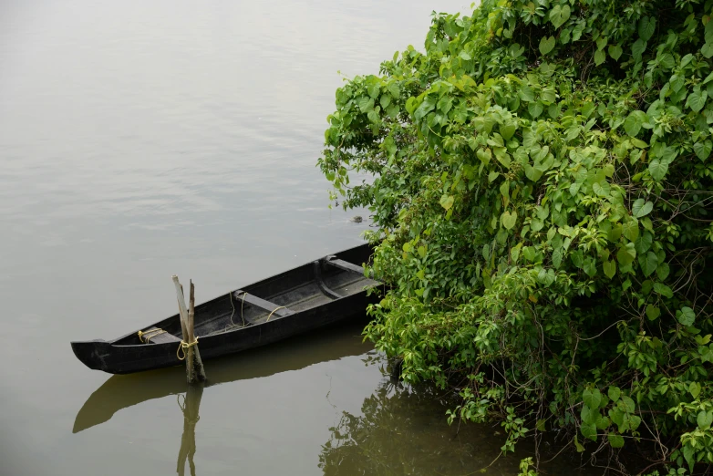 the boat is in the water with its bow on the shore