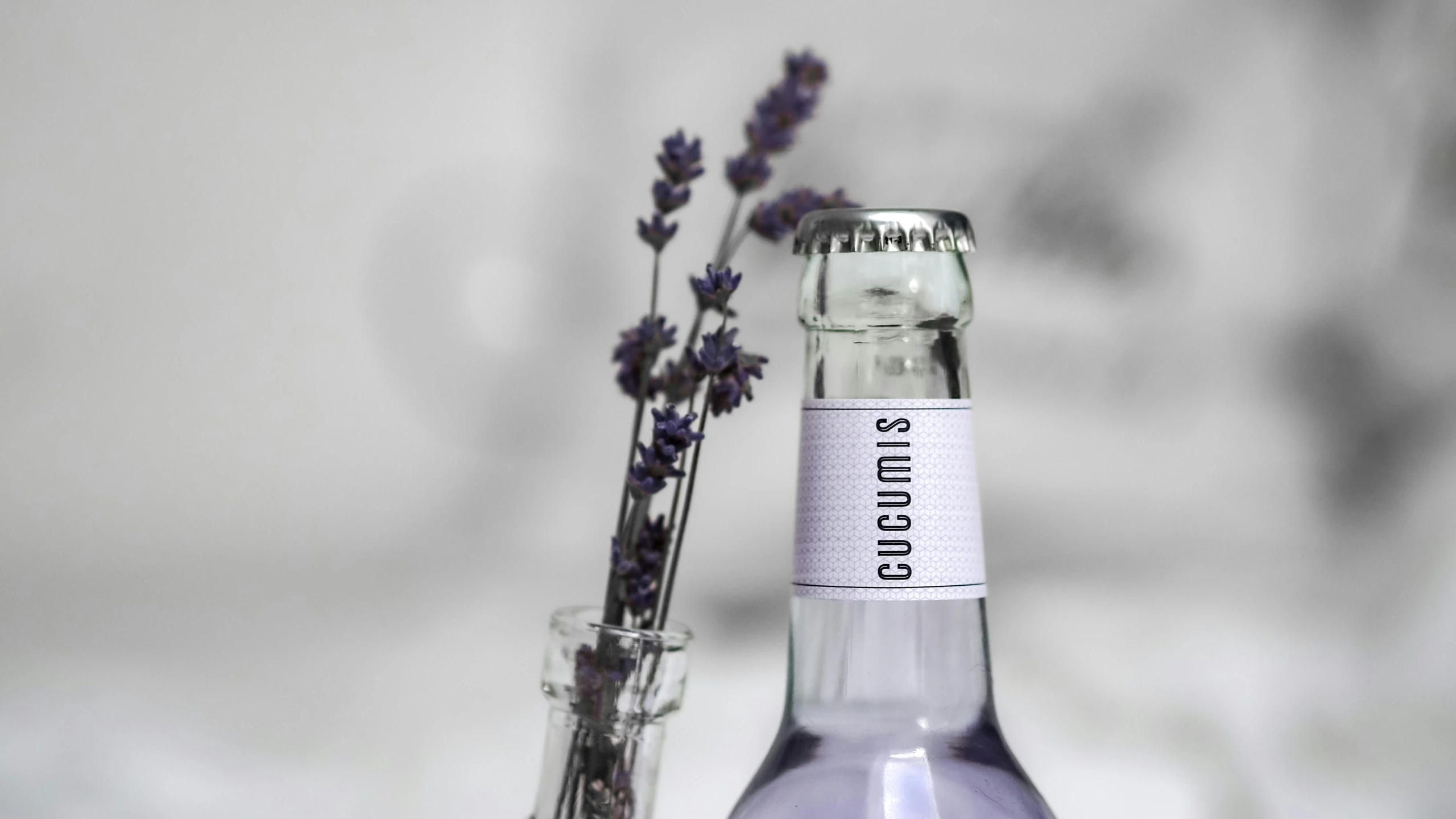 an empty bottle and glass with a vase in the foreground