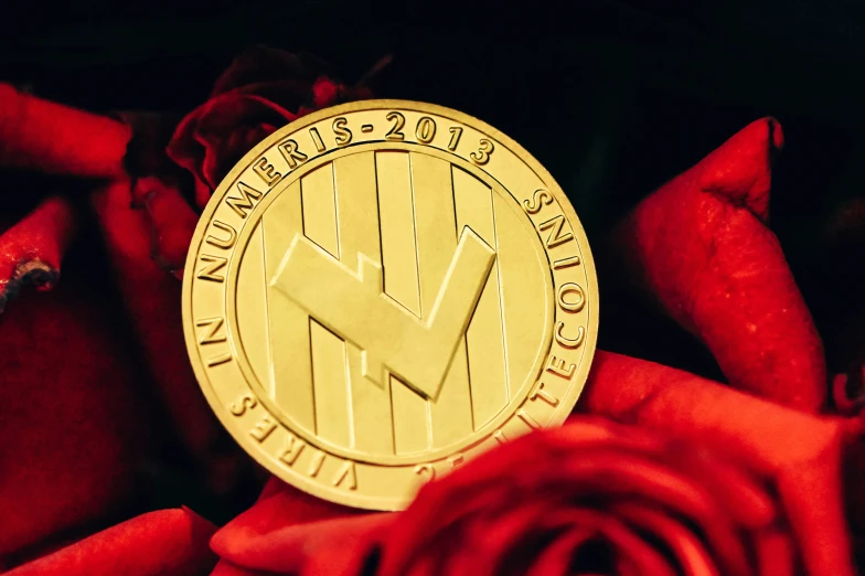 this is a gold coin placed among roses