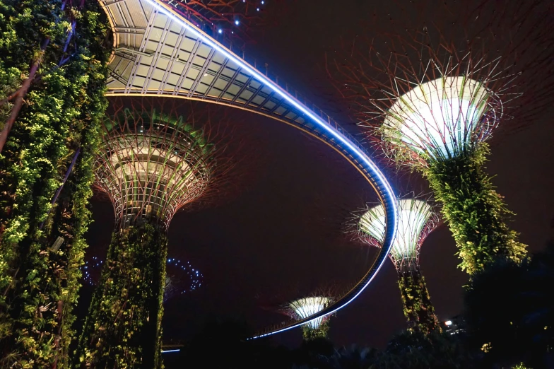 view of gardens by the bay at night from a distance