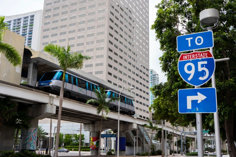 there is a sign that has the word to the right and there is a train on it in front of a city building