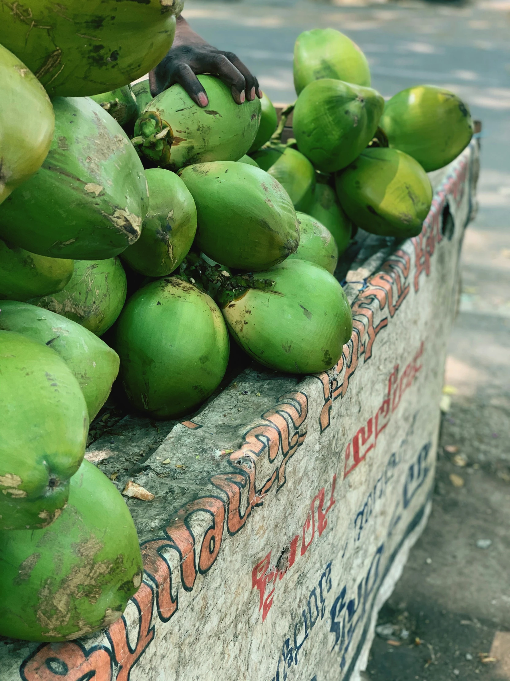 a box of coconuts sitting on the ground