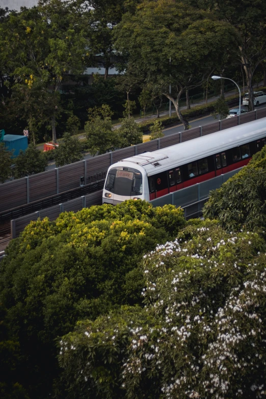 an overhead view of the back side of a public transit train