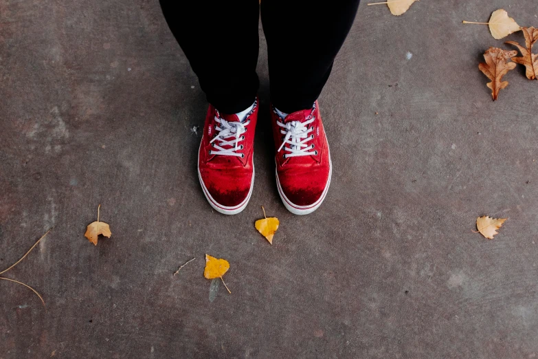 red sneakers are sitting on the ground next to fallen leaves